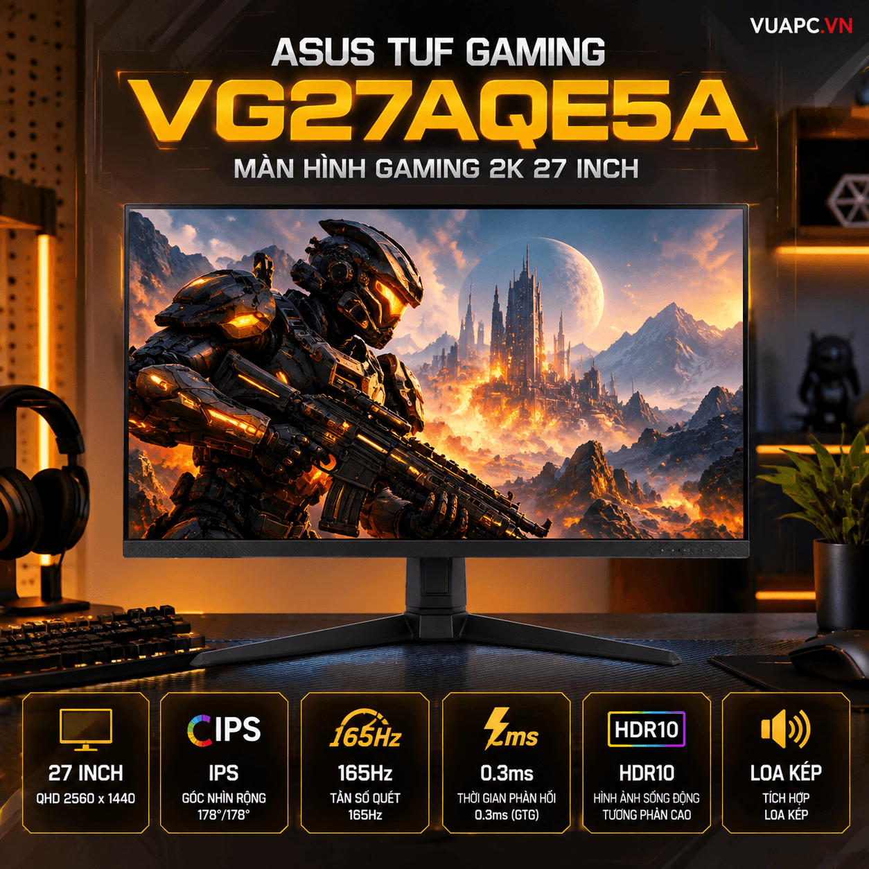 Màn hình Gaming 2K ASUS TUF VG27AQE5A | 27 inch, QHD, IPS, 165Hz, 0.3ms, HDR10, Loa kép