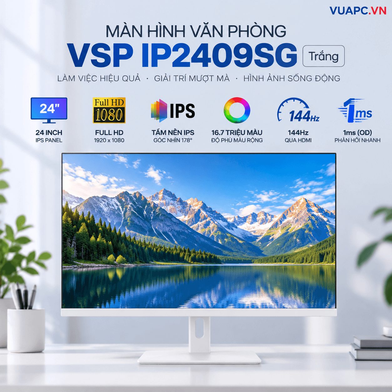 Màn hình Văn phòng VSP IP2409SG Trắng | 24 inch, Full HD, IPS, 144Hz, 1ms