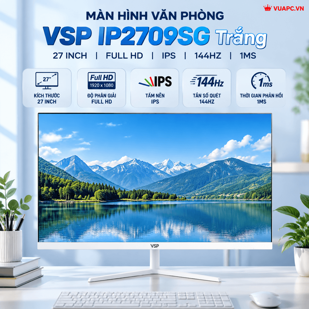 Màn hình Văn phòng VSP IP2709SG Trắng | 27 inch, Full HD, IPS, 144Hz, 1ms