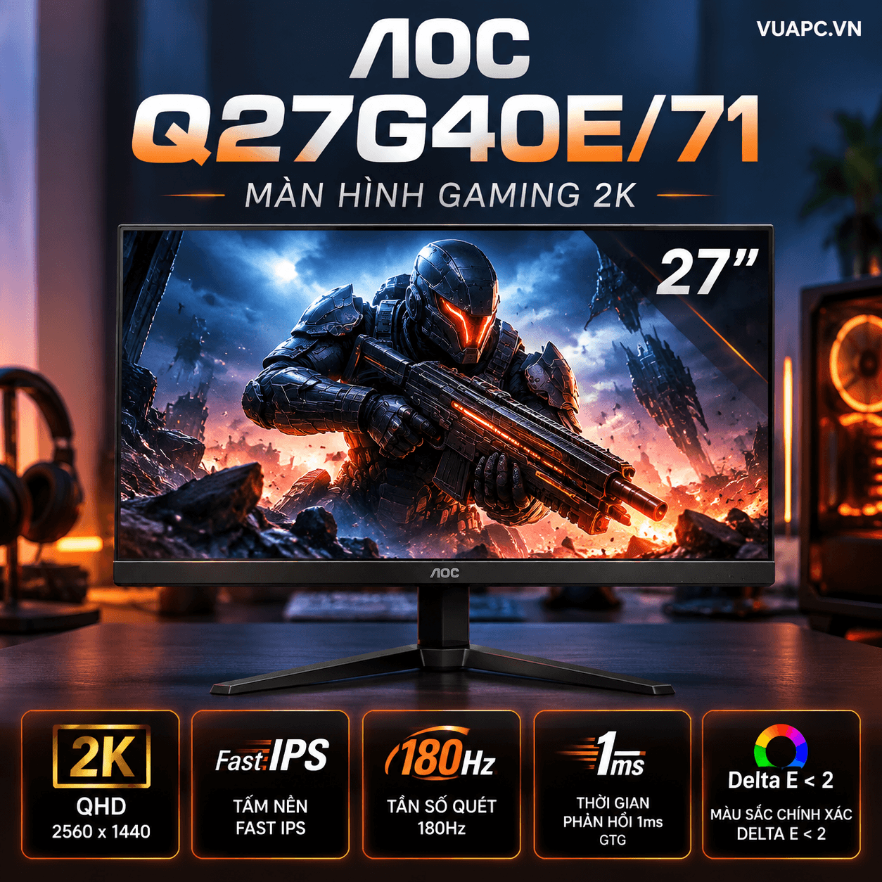 Màn hình Gaming 2K AOC Q27G40E/71 | 27 inch, QHD, Fast IPS, 180Hz, 1ms, Delta E <2