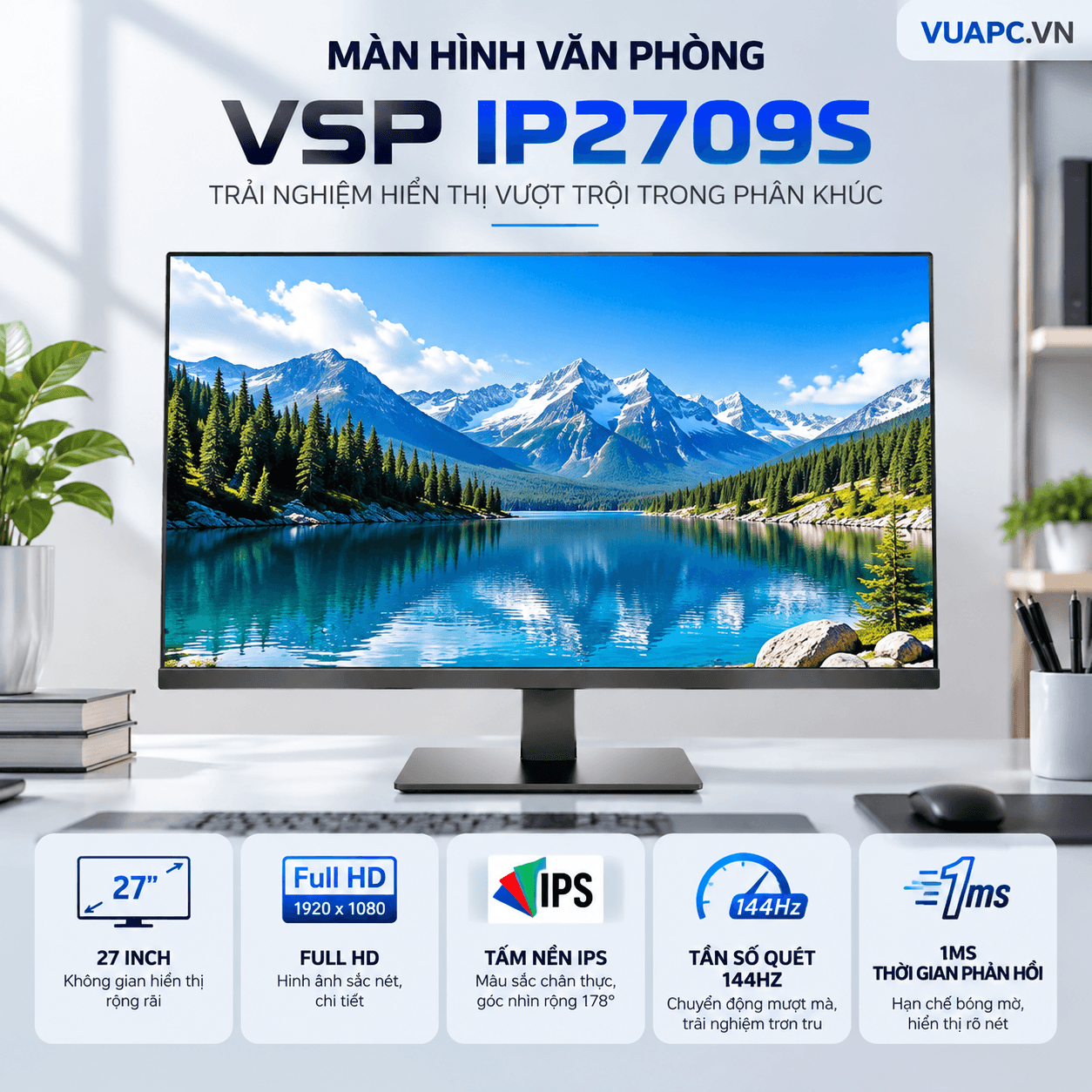 Màn hình văn phòng VSP IP2709S | 27 inch, Full HD, IPS, 144Hz, 1ms