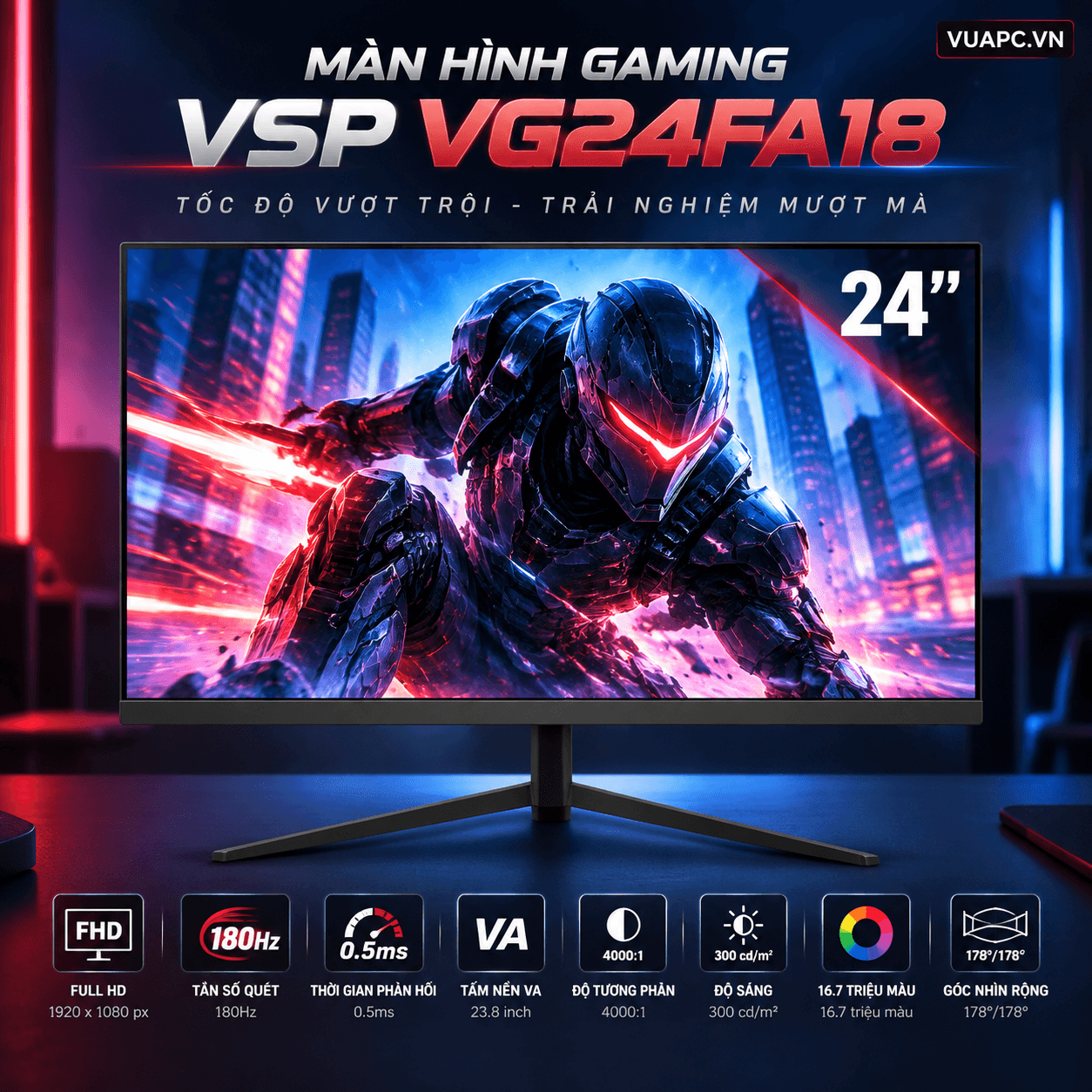 Màn hình Gaming VSP VG24FA18 | 24 inch, FHD, VA, 180Hz