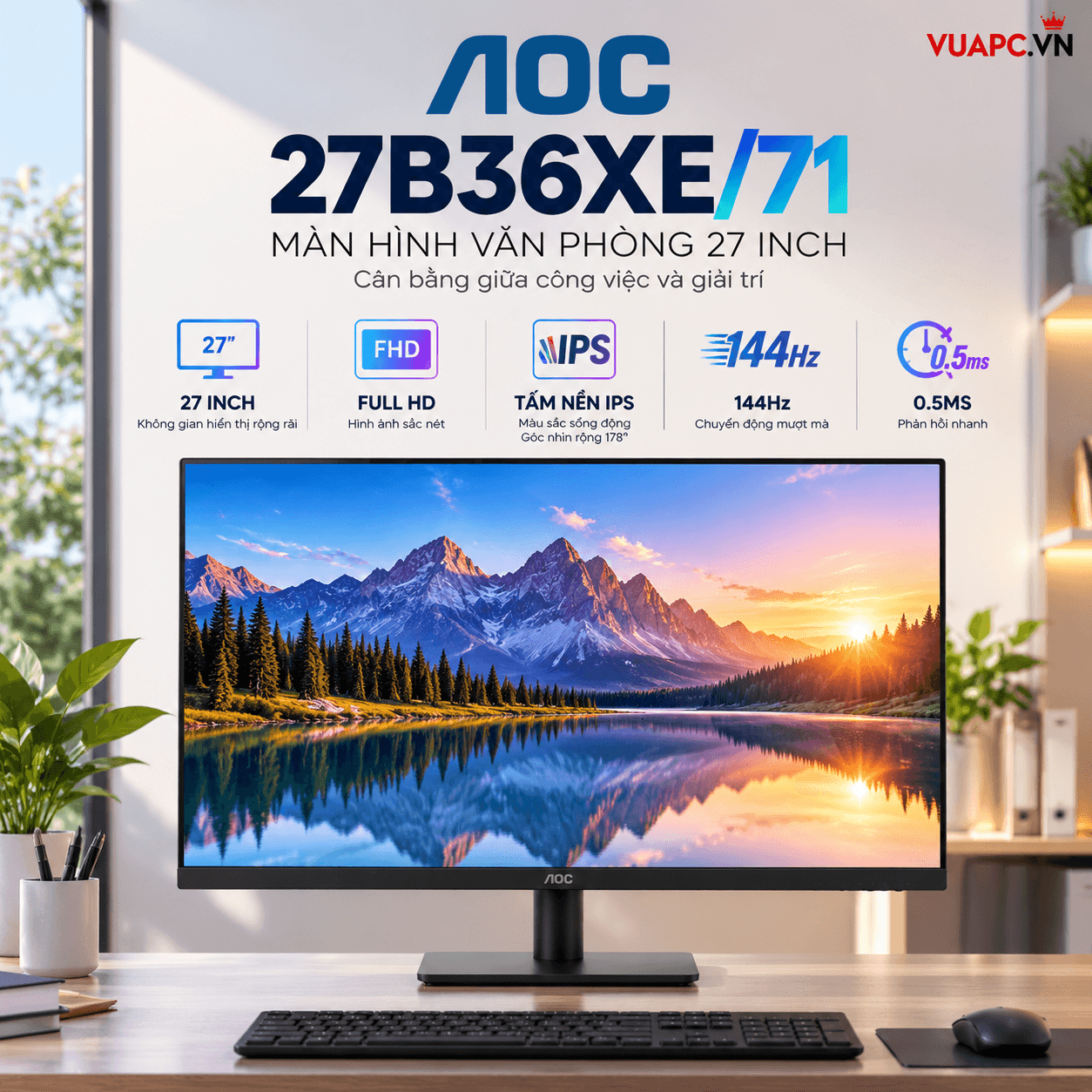 Màn hình Văn phòng AOC 27B36XE/71 | 27 inch, Full HD, IPS, 144Hz, 0.5ms