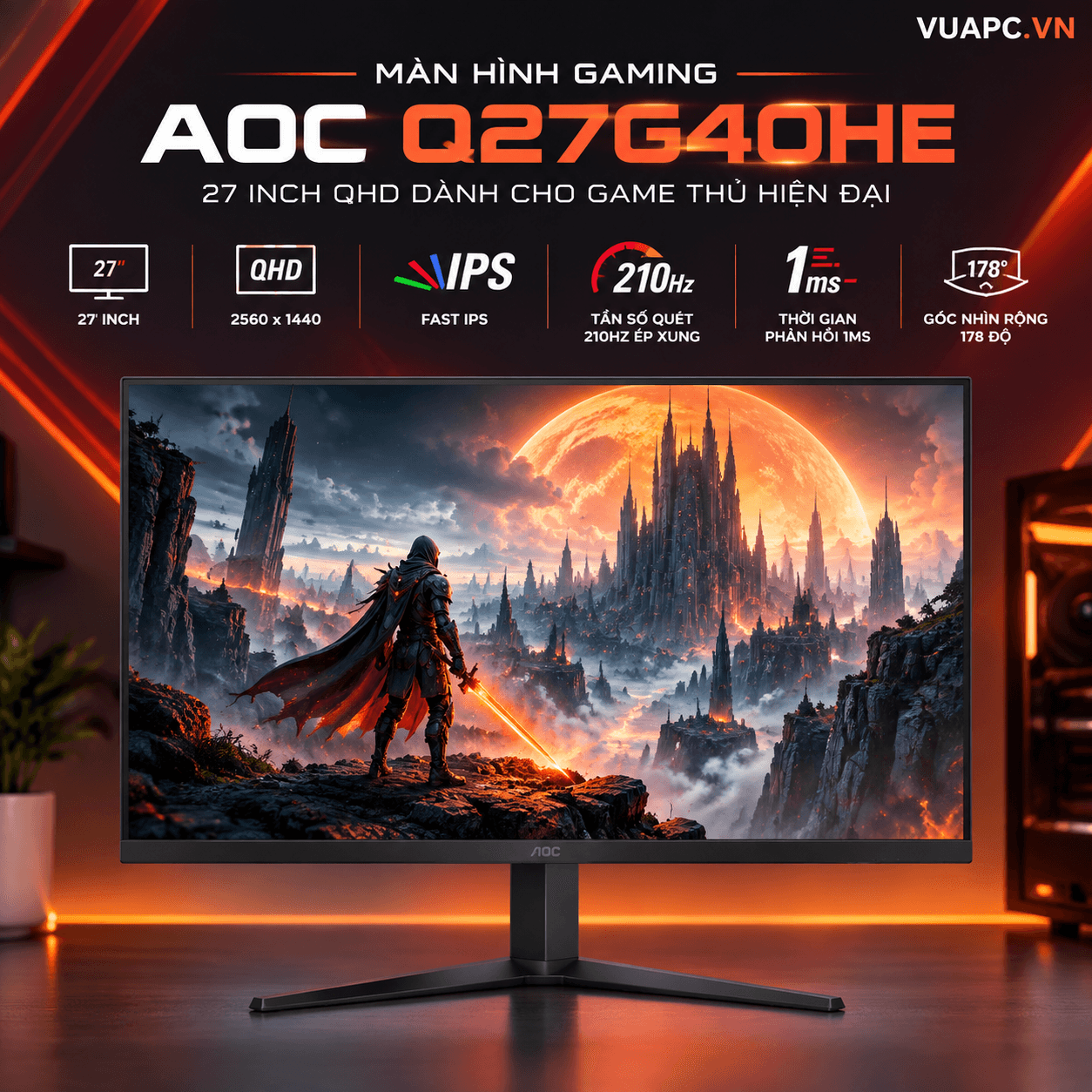 Màn hình Gaming 2K AOC Q27G40HE | 27 inch, QHD, IPS, 210Hz, 1ms