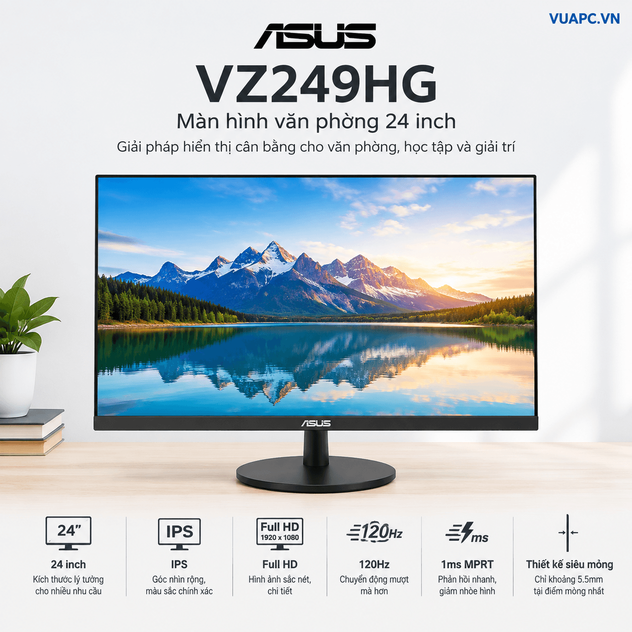 Màn hình văn phòng Asus VZ249HG | 24 inch, Full HD, IPS, 120Hz, 1ms