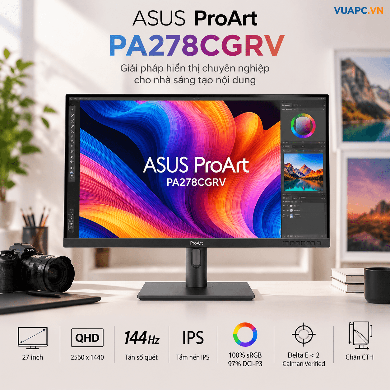 Màn hình Đồ họa ASUS ProArt PA278CGRV | 27 inch, 2K/QHD, 144Hz, IPS, Chân CTH