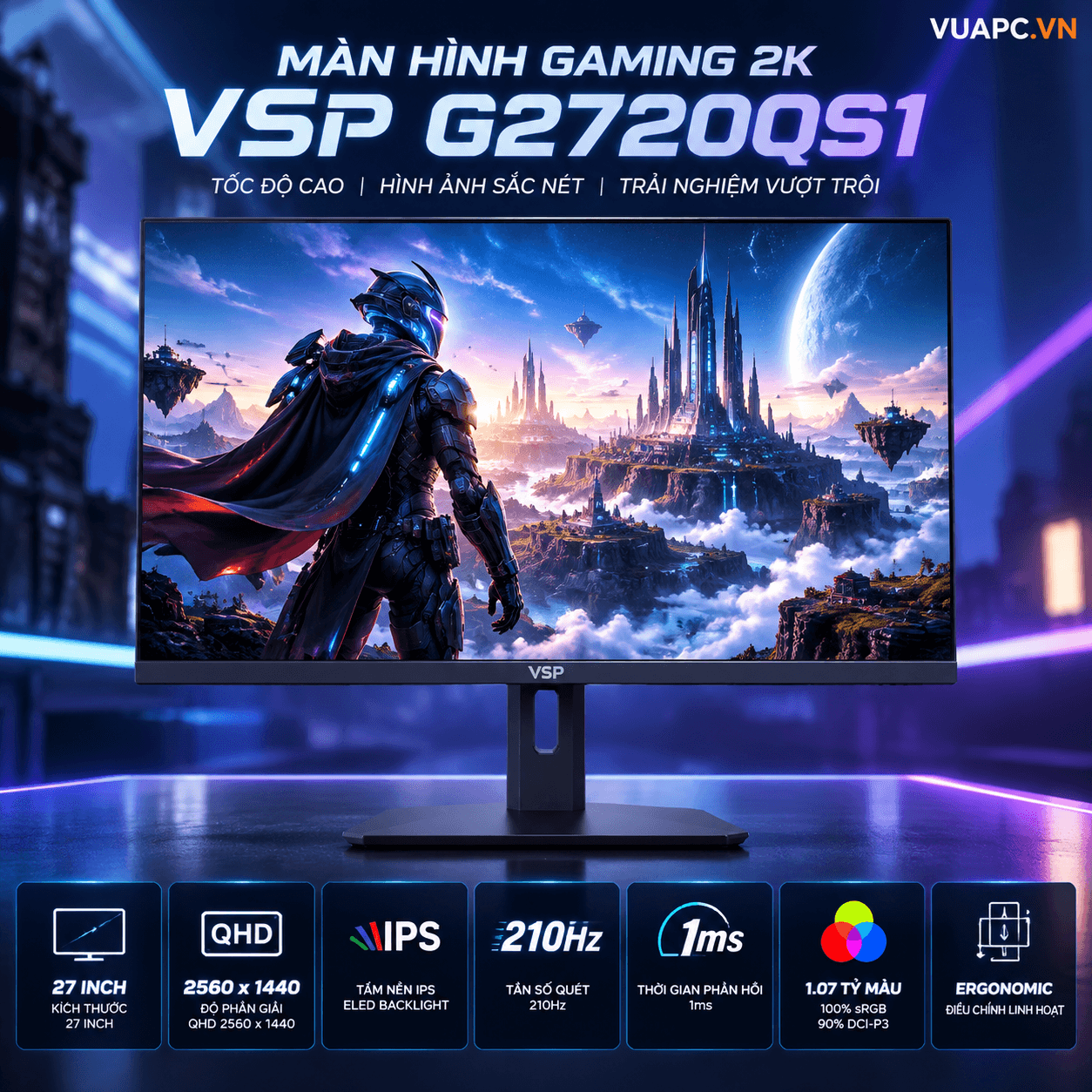 Màn hình Gaming 2K VSP G2720QS1 | 27 inch, QHD, IPS, 210Hz, 1ms, Ergonomic