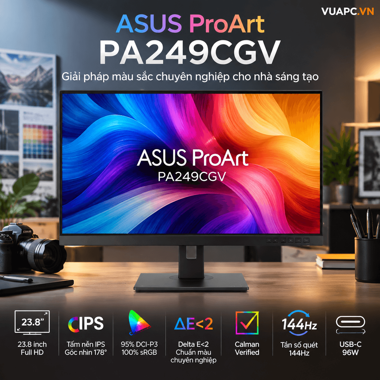Màn hình Đồ họa ASUS ProArt PA249CGV | 24 inch, IPS, 144Hz, Delta E<2, USB-C 96W