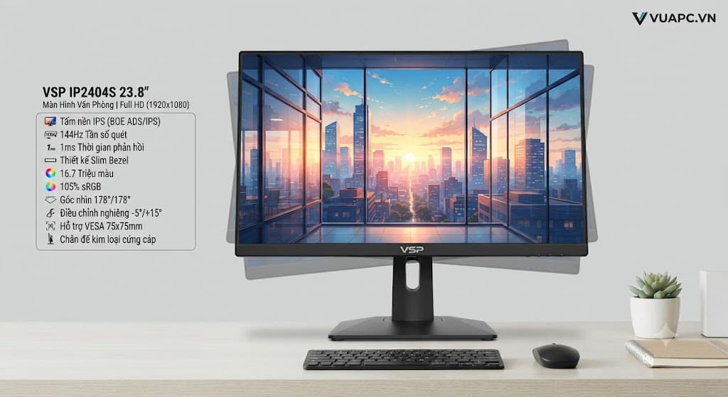 Màn hình Văn phòng VSP IP2404S | 24 inch, Full HD, IPS, 144Hz, 1ms, Đen