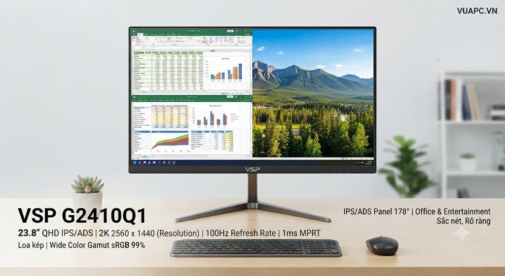 Màn hình Văn phòng 2K VSP G2410Q1 | 24 inch, QHD, IPS/ADS, 100Hz, 1ms MPRT, Loa kép