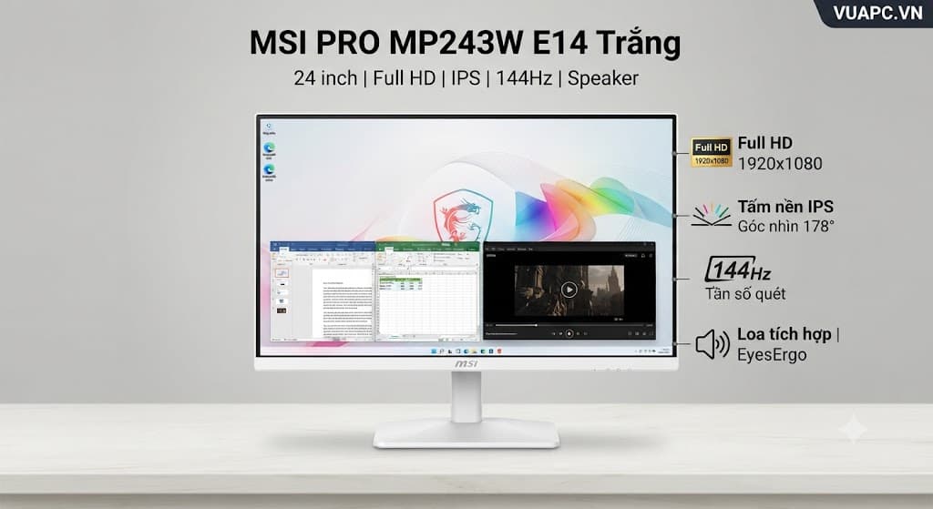 Màn hình Văn phòng MSI PRO MP243W E14 Trắng | 24 inch, Full HD, IPS, 144Hz, Speaker