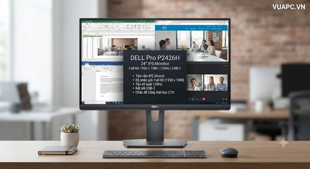 Màn hình Văn phòng Dell Pro P2426H | 24 inch, Full HD, IPS, 120Hz, USB-C, Chân CTH