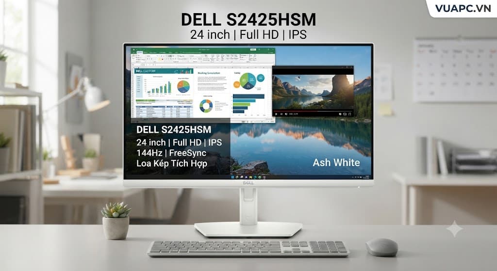 Màn Hình Văn Phòng Dell S2425HSM | 24 inch, Full HD, IPS, 144Hz, FreeSync, Loa kép, USB HDMI, Ash White