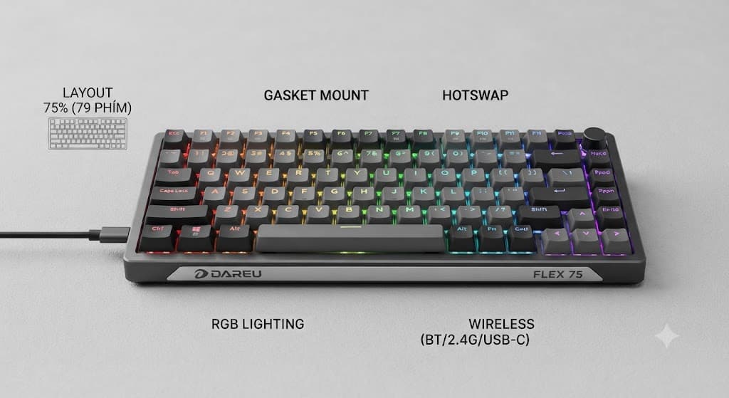 Bàn phím cơ không dây Dareu FLEX 75 RGB Hotswap (Dareu SW)