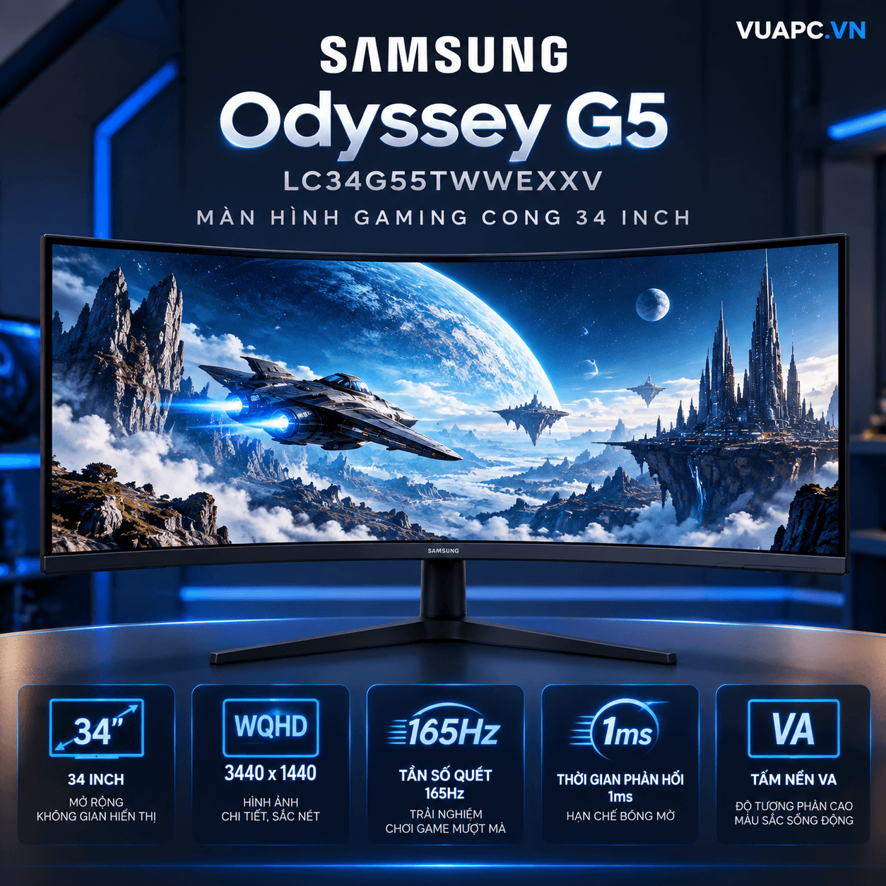 Màn hình Gaming Samsung LC34G55TWWEXXV | 34 inch, 2K/QHD, 165Hz, VA