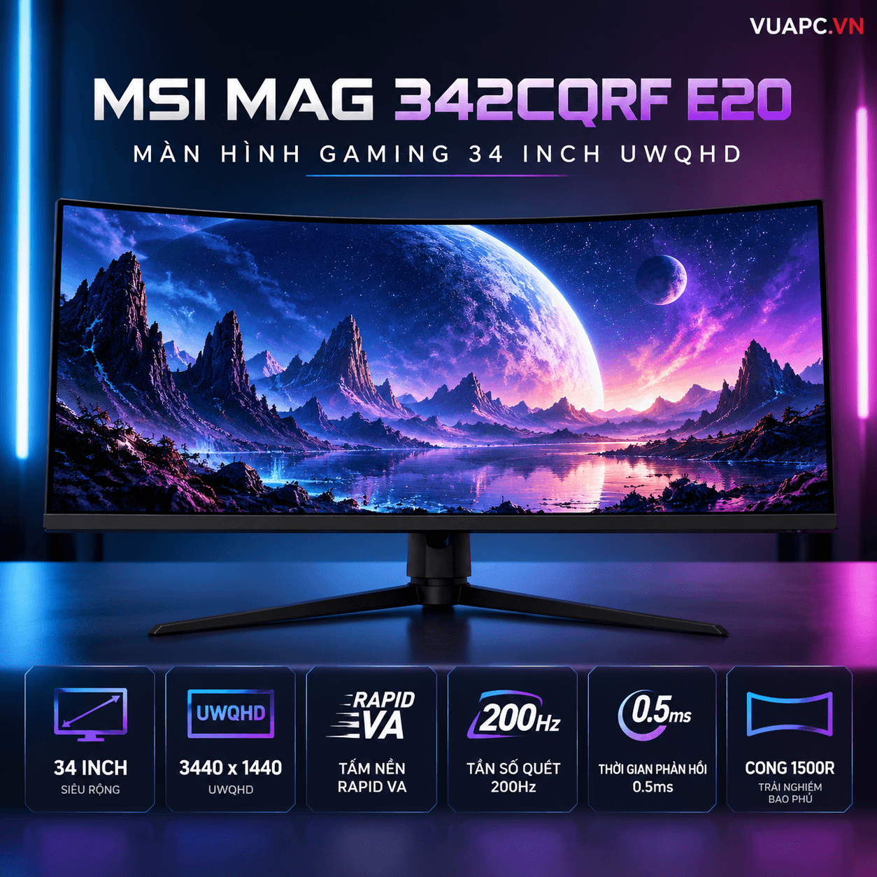 Màn hình Gaming 2K MSI MAG 342CQRF E20 | 34 inch, UWQHD, Rapid VA, 200Hz, 0.5ms, Cong 1500R