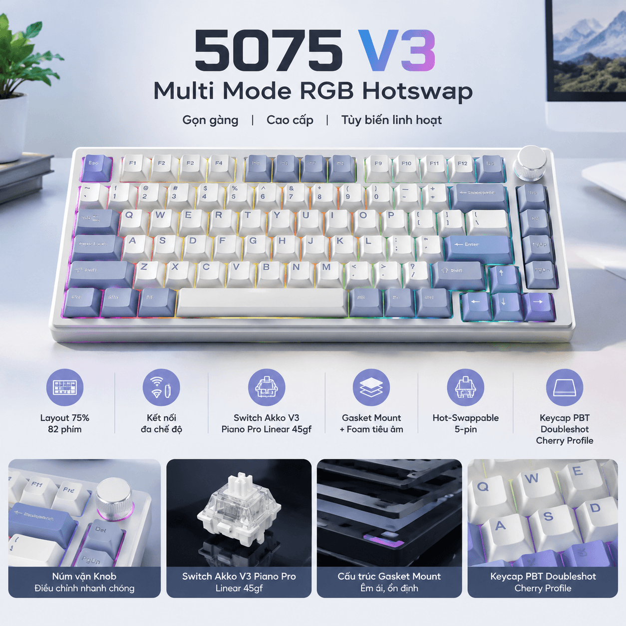 Bàn phím cơ không dây AKKO 5075 V3 Multi Mode RGB Hotswap (AKKO Sw)