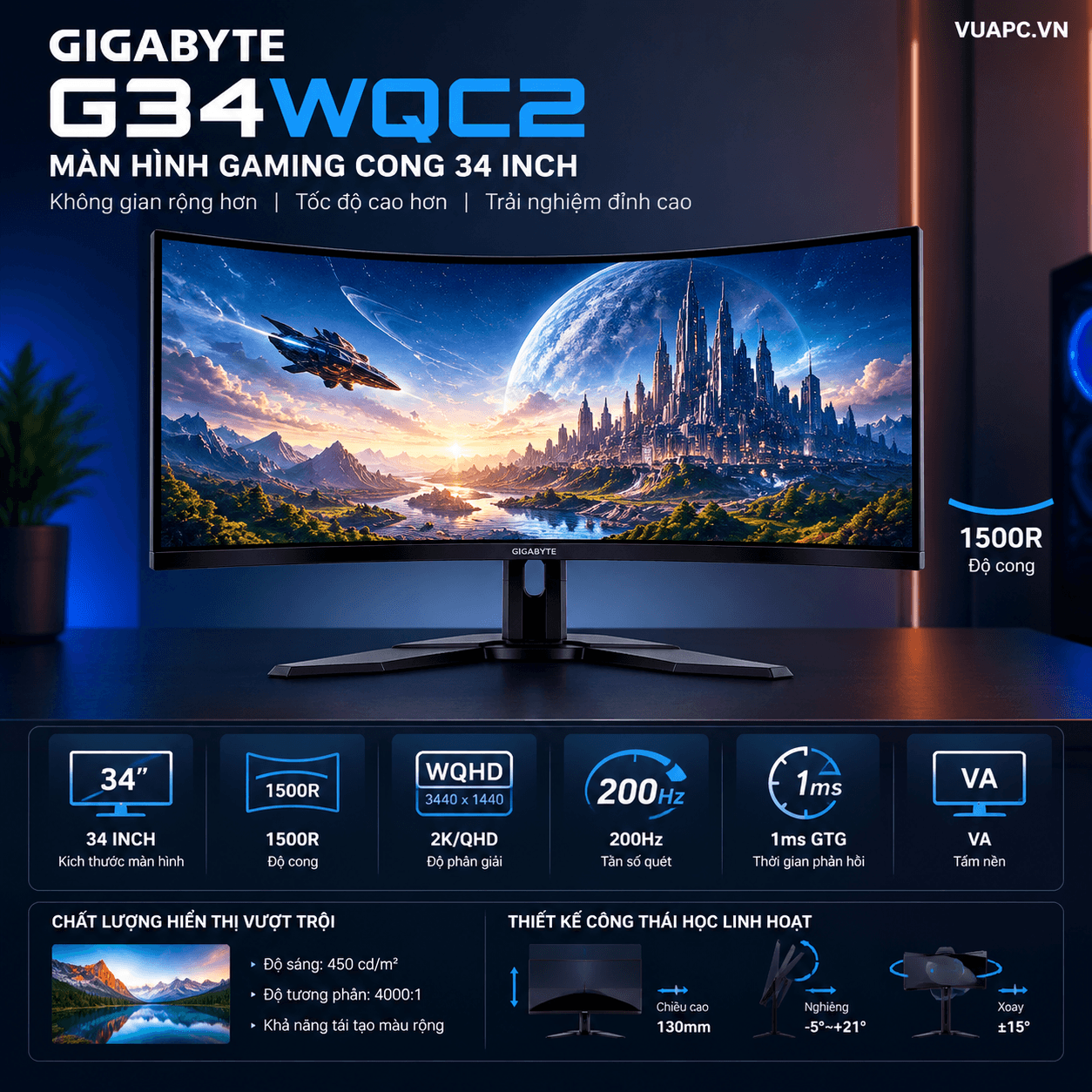 Màn hình Gaming Gigabyte G34WQC2 | 34 inch, 2K/QHD, 200Hz, VA