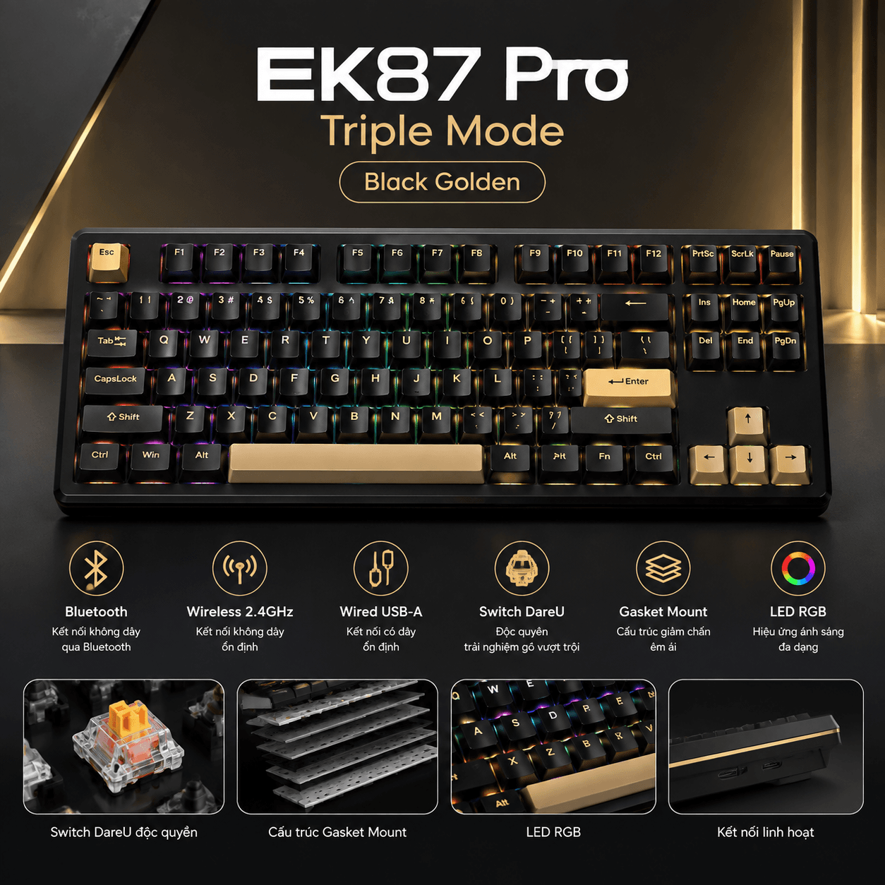 Bàn phím cơ không dây Dareu EK87 Pro Triple Mode Black Golden (Dareu Sw)