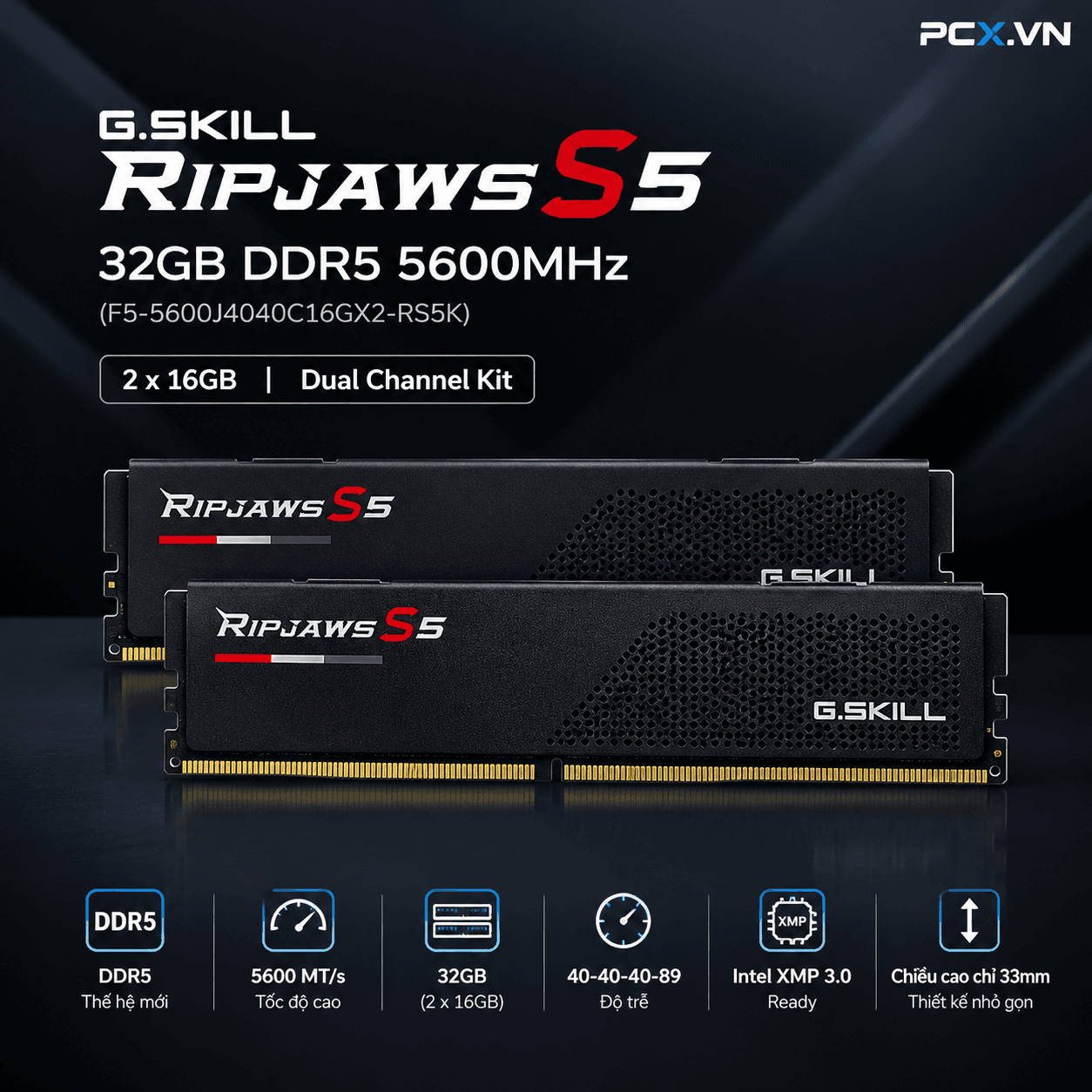 Ram PC GSkill Ripjaws S5 32GB DDR5 5600MHz (F5-5600J4040C16GX2-RS5K) (2x16GB, Black)