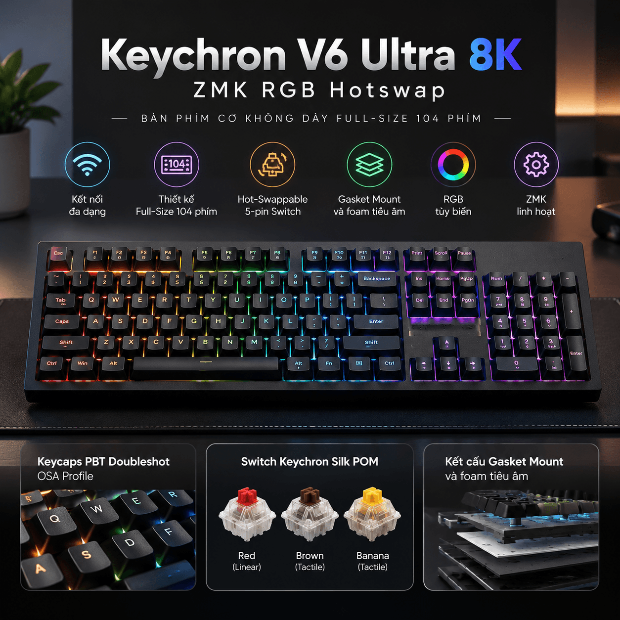 Bàn phím cơ không dây Keychron V6 Ultra 8K ZMK RGB Hotswap (Keychron Sw)