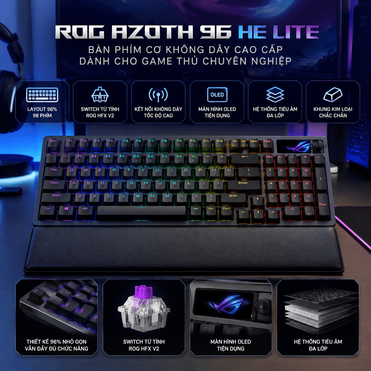 Bàn phím cơ không dây ASUS ROG Azoth 96 HE Lite (ROG HFX V2 Sw)