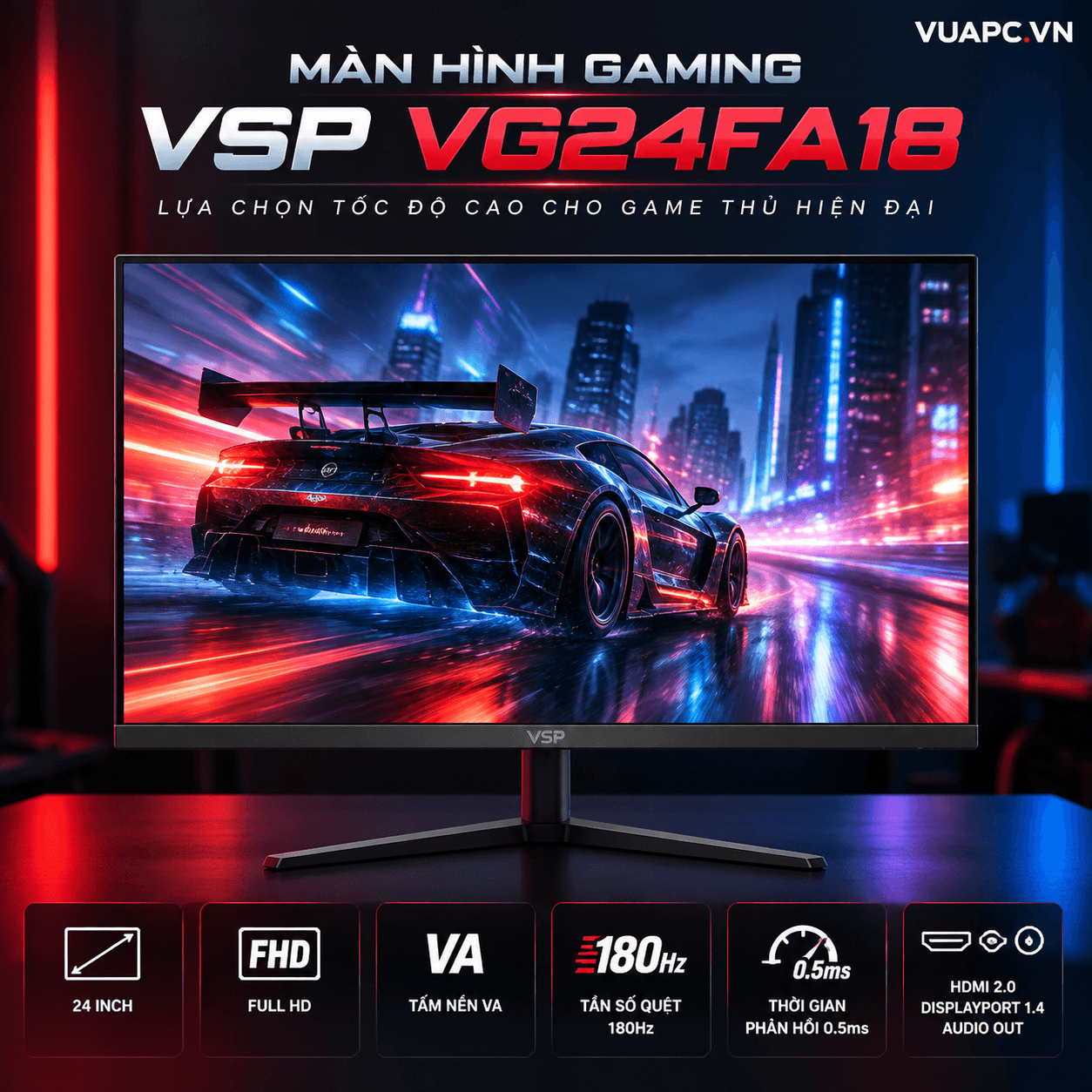 Màn hình Gaming VSP VG24FA18 | 24 inch, FHD, VA, 180Hz