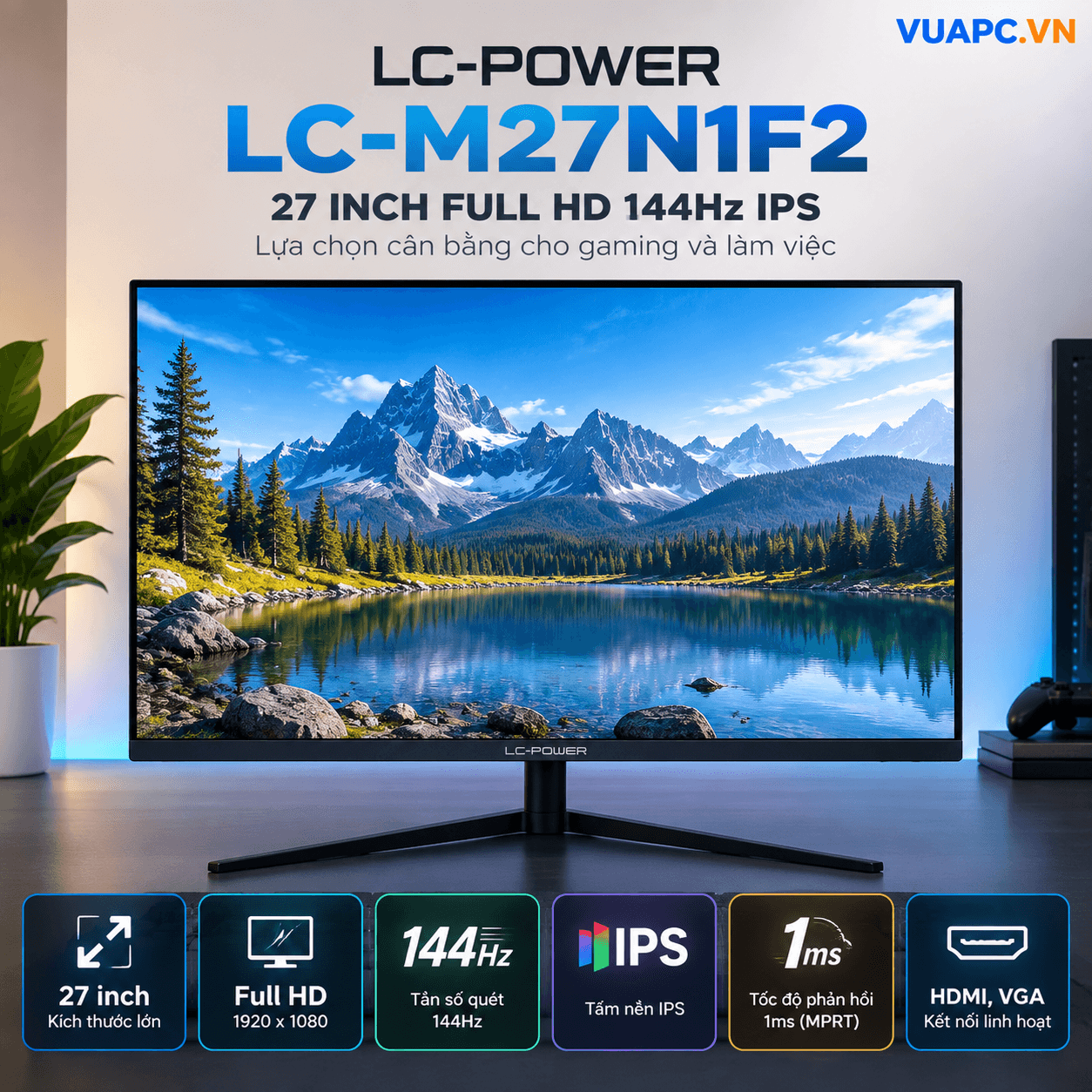 Màn hình LC-POWER LC-M27N1F2 | 27 inch, Full HD, 144Hz, IPS, 1ms, HDMI, VGA
