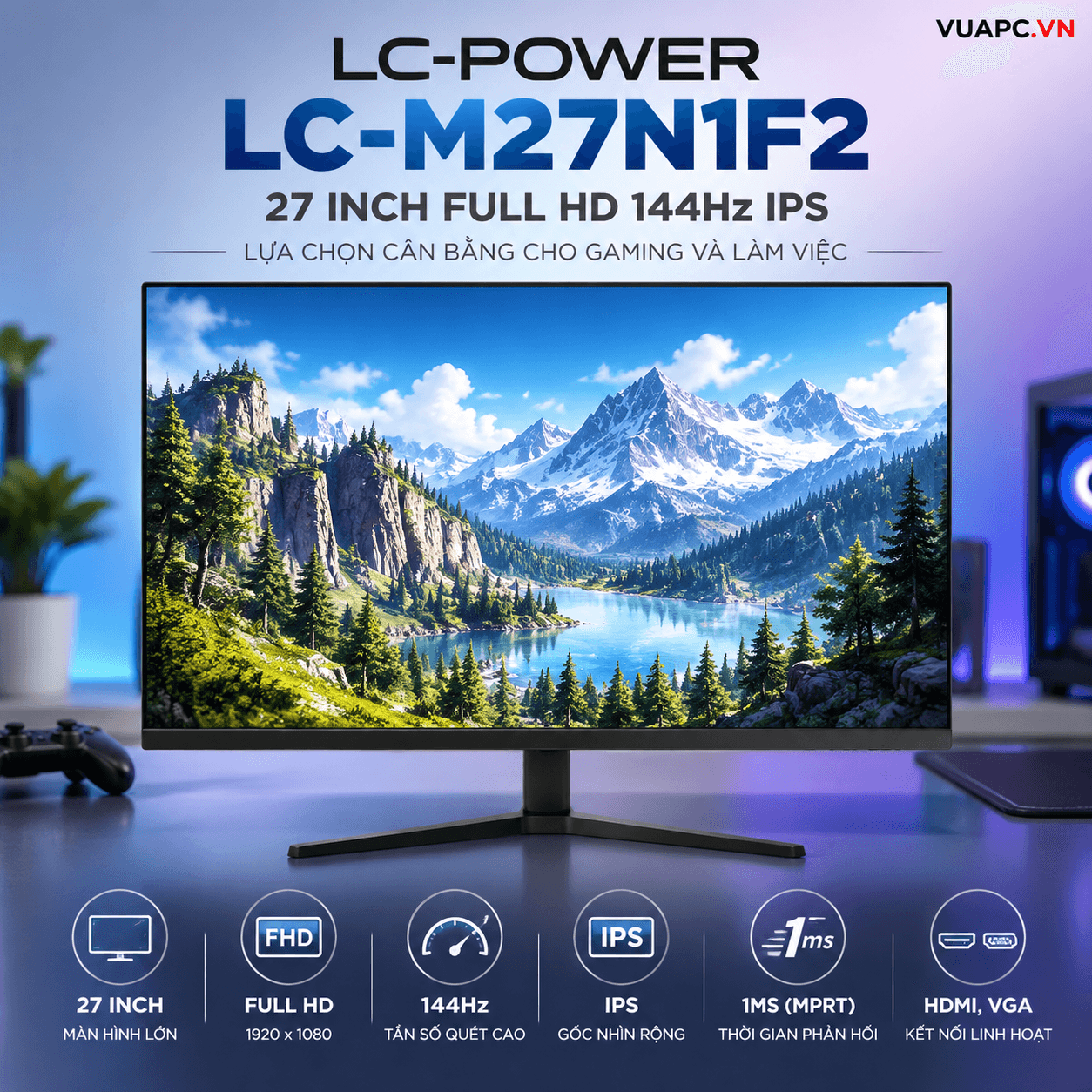 Màn hình LC-POWER LC-M27N1F2 | 27 inch, Full HD, 144Hz, IPS, 1ms, HDMI, VGA