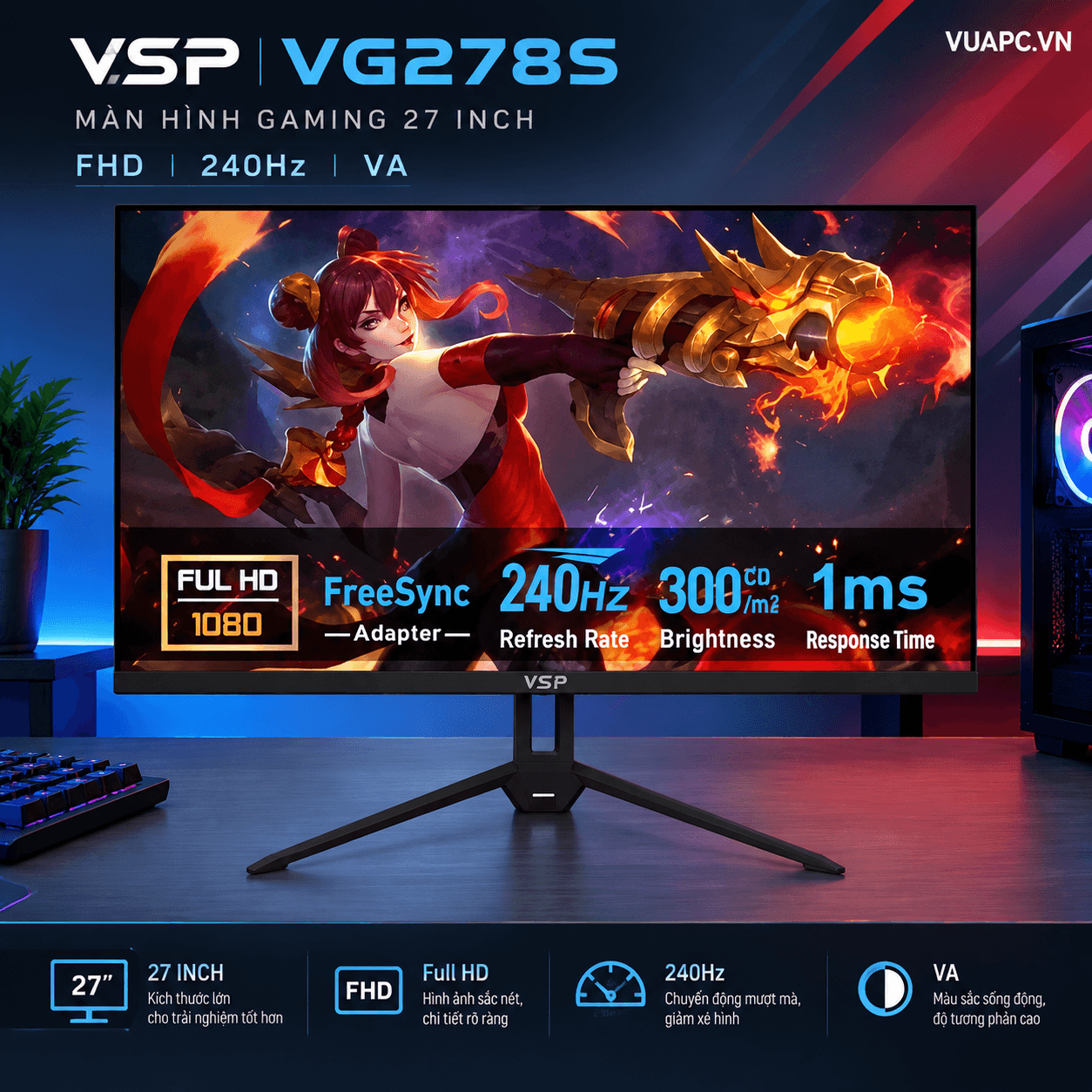 Màn hình Gaming VSP VG278S | 27 inch, FHD, 240Hz, VA