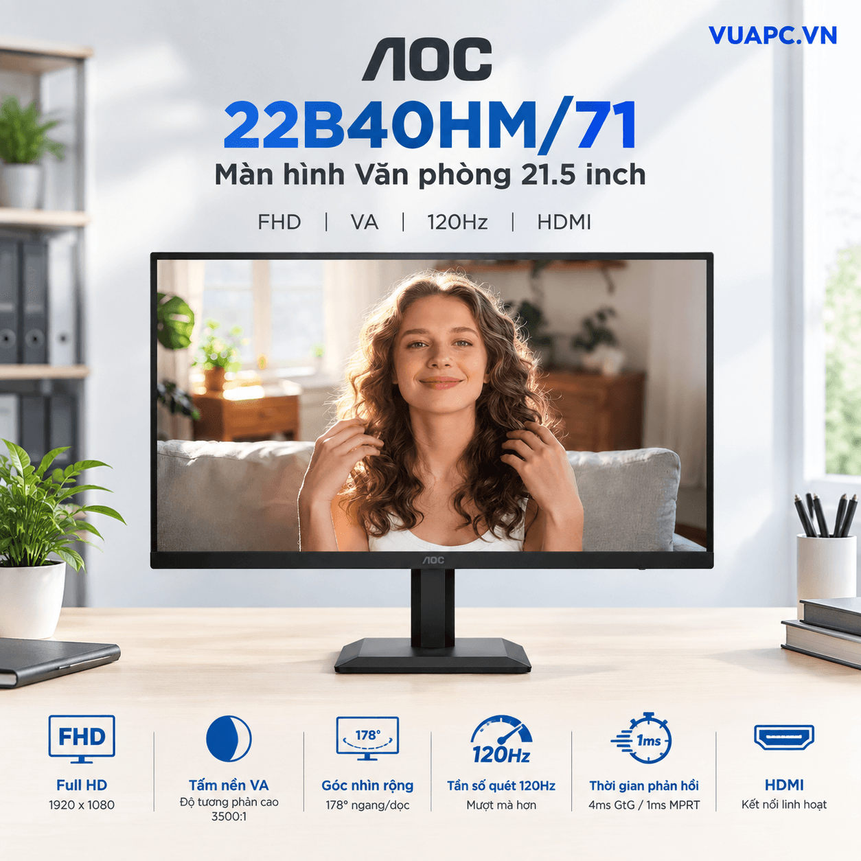 Màn hình Văn phòng AOC 22B40HM/71 | 21.5 inch, FHD, VA, 120Hz, HDMI