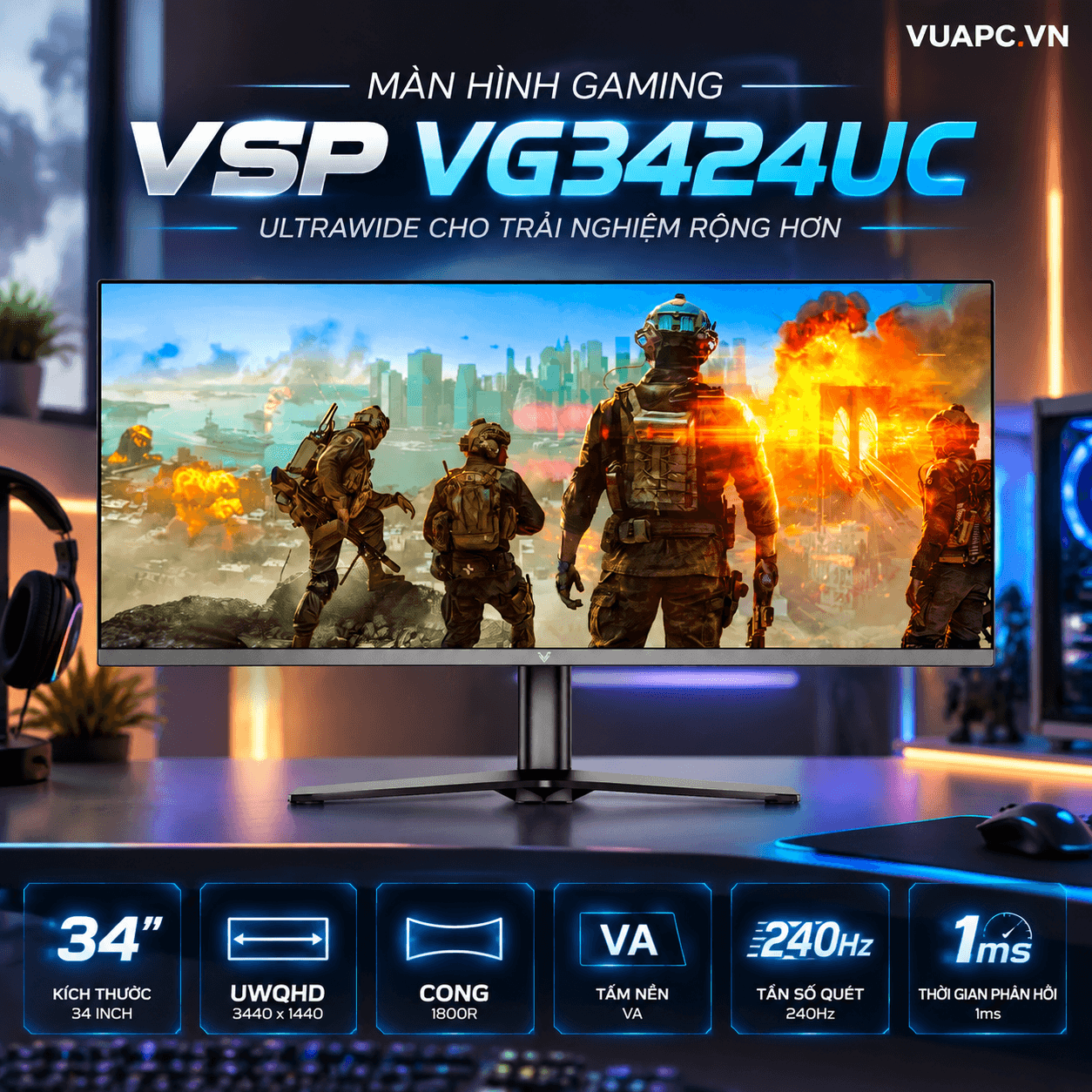 Màn hình Gaming 2K VSP VG3424UC | 34 inch, UWQHD, VA, 240Hz, 1ms, Cong 1800R, Chân CTH