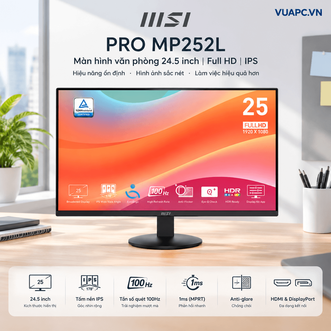 Màn hình văn phòng MSI PRO MP252L | 25 inch, Full HD, IPS, 100Hz, 1ms (MPRT)