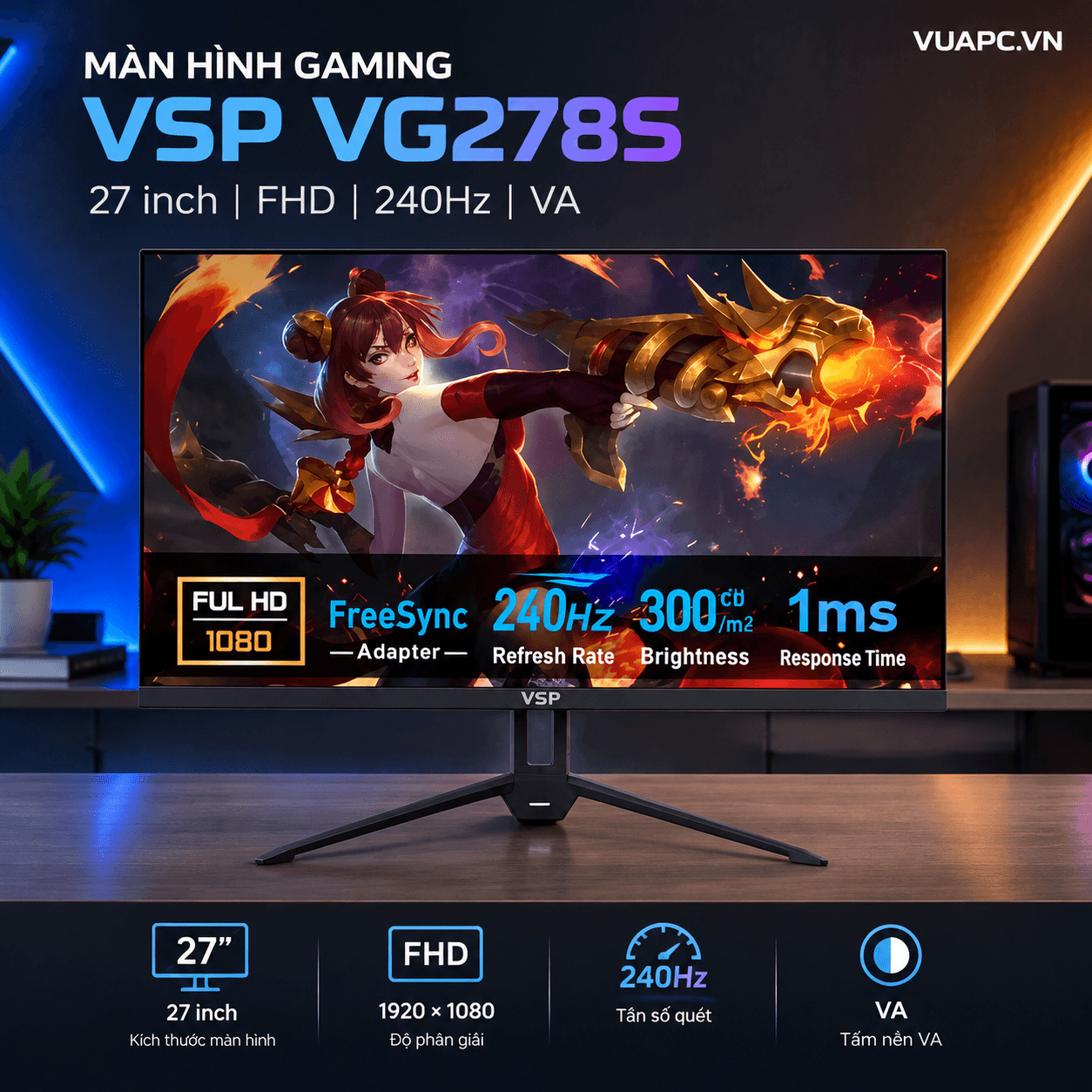Màn hình Gaming VSP VG278S | 27 inch, FHD, 240Hz, VA