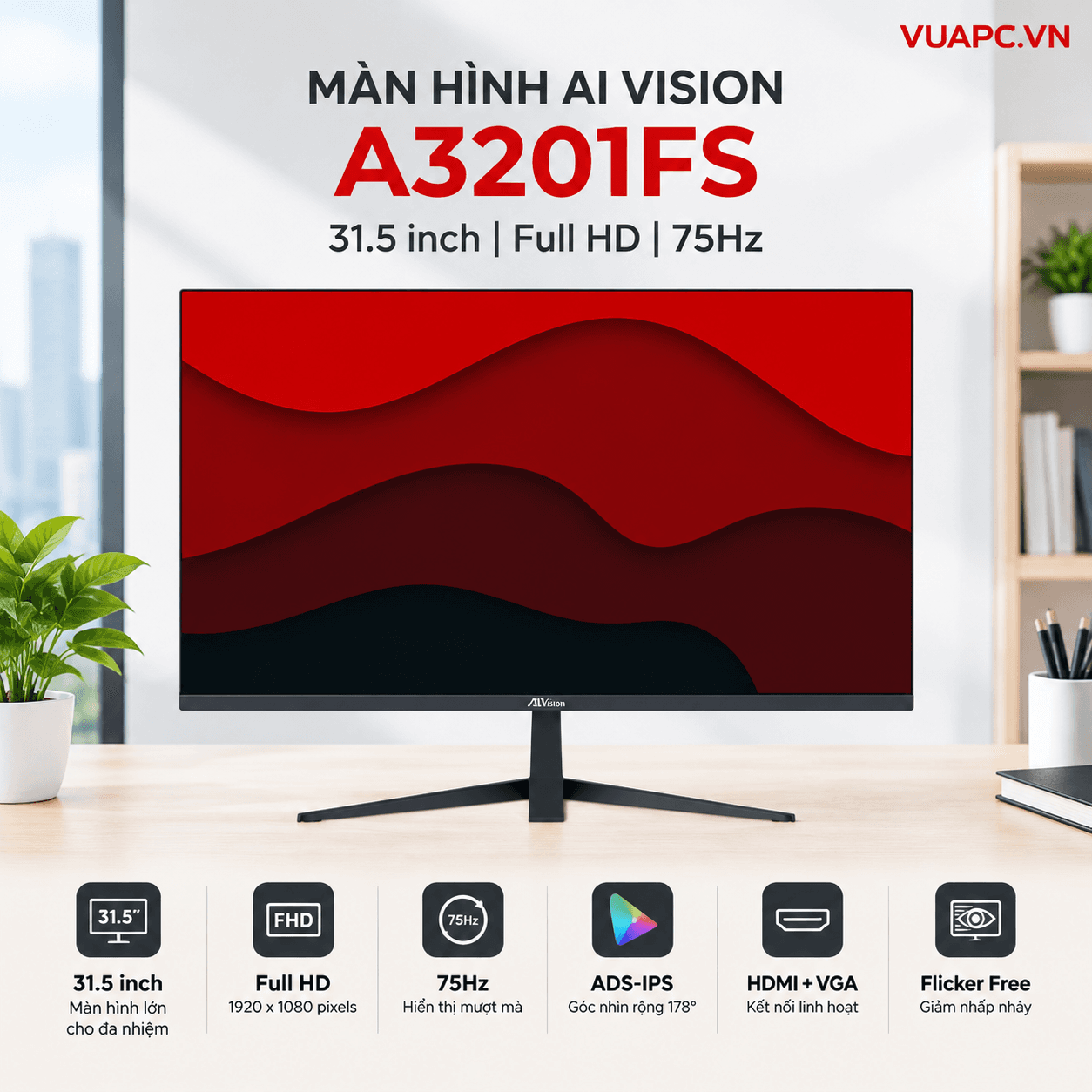 Màn hình Văn phòng AI Vision A3201FS | 31.5 inch, Full HD, 75Hz, ADS-IPS, HDMI, VGA, Flicker Free, Đen