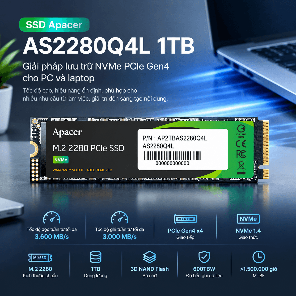 Ổ cứng SSD Apacer AS2280Q4L 1TB (AP1TBAS2280Q4L-1) | PCIe Gen4 x4 NVMe, M.2 2280