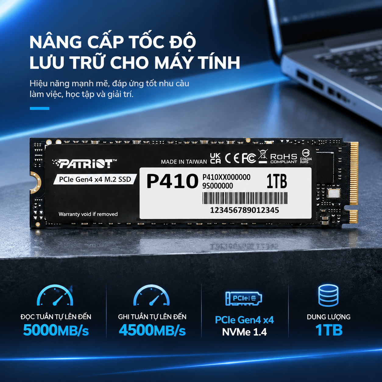 Ổ cứng SSD Patriot P410 1TB | PCIe Gen4 x4 NVMe, M.2 2280 (P410P1TBM28H)