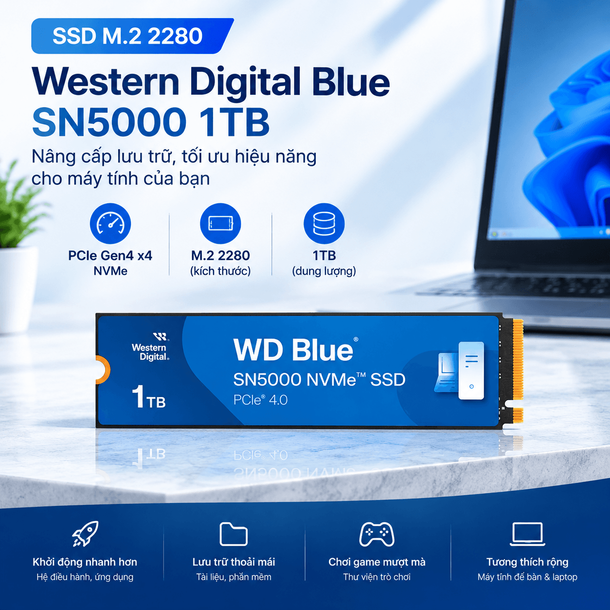 Ổ Cứng SSD Western Digital Blue SN5000 1TB WDS100T4B0E – M.2 2280, PCIe Gen4 x4 NVMe [Chính Hãng]