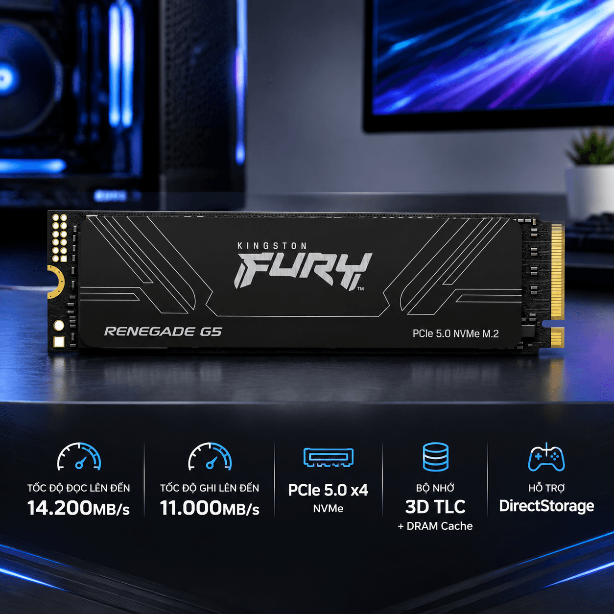 Ổ cứng SSD Kingston FURY Renegade G5 1TB (SFYR2S/1T0) | PCIe Gen5 x4 NVMe M.2 2280, Đọc 14.200MB/s, Ghi 11.000MB/s [CHÍNH HÃNG]
