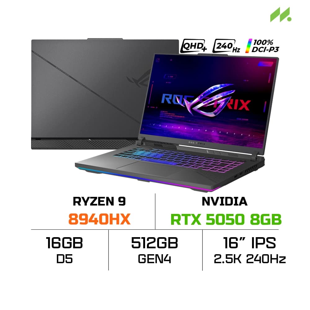 Laptop Asus ROG Strix G16 G614PH-S5101W (Ryzen 9 8940HX, RTX 5050 8GB, Ram 16GB DDR5, SSD 512GB, 16 Inch IPS WQXGA 240Hz 100% DCI-P3, Win 11)