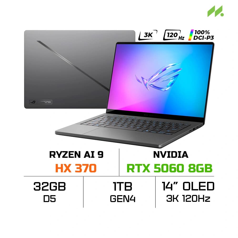 Laptop Asus ROG Zephyrus G14 GA403WM-QS051WS (Ryzen AI 9 HX 370, RTX 5060 8GB, RAM 32GB LPDDR5X, SSD 1TB, 14 Inch OLED 3K 120Hz 100% DCI-P3, Win 11)