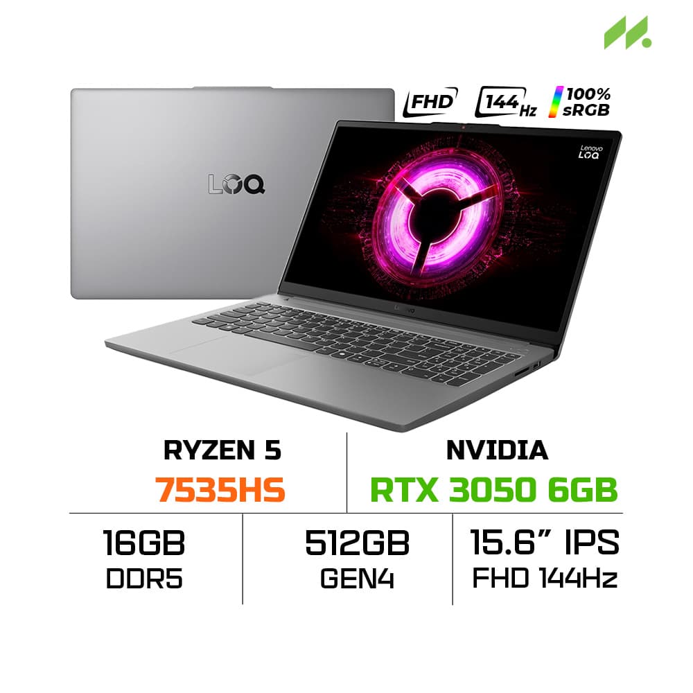 Laptop Lenovo LOQ Essential 15ARP10E 83S0000DVN (Ryzen 5 7535HS, RTX 3050 6GB, RAM 16GB DDR5, SSD 512GB, 15.6 Inch IPS FHD 144Hz 100% sRGB, Win 11 Home)