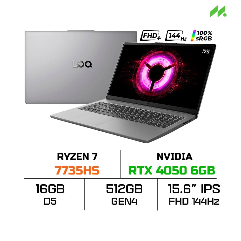 Laptop Lenovo LOQ Essential 15ARP10E 83S0004FVN (Ryzen 7 7735HS, RTX 4050 6GB, RAM 16GB DDR5, SSD 512GB, 15.6 Inch FHD IPS 144Hz 100% sRGB, Win 11)