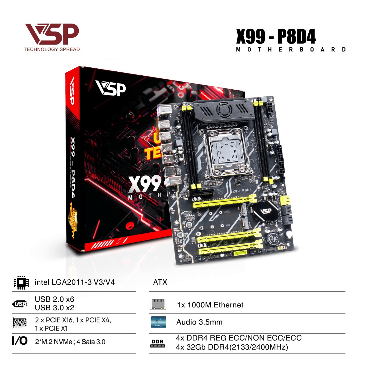 Mainboard SK 2011-V3/V4 VSP X99 8D4 Chính hãng FV
