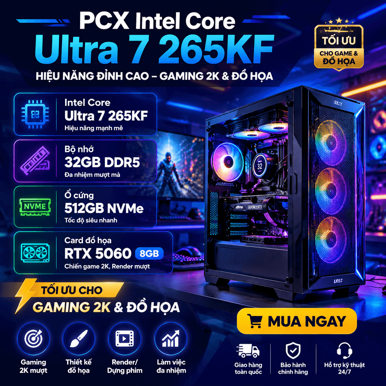 PCX Intel Core Ultra 7 265KF - 512GB NVMe - RTX 5060 8GB | Gaming 4K, Đồ họa 3D, AI