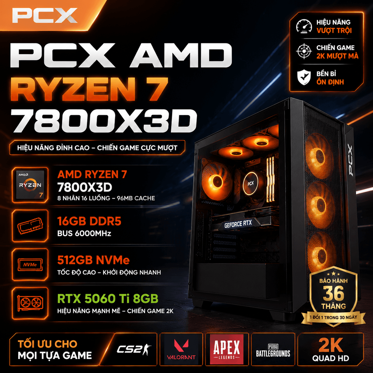 PCX AMD Ryzen 7 7800X3D - 16GB DDR5 - 512GB NVMe - RTX 5060 Ti 8GB | Gaming 4K, Đồ họa 3D, AI