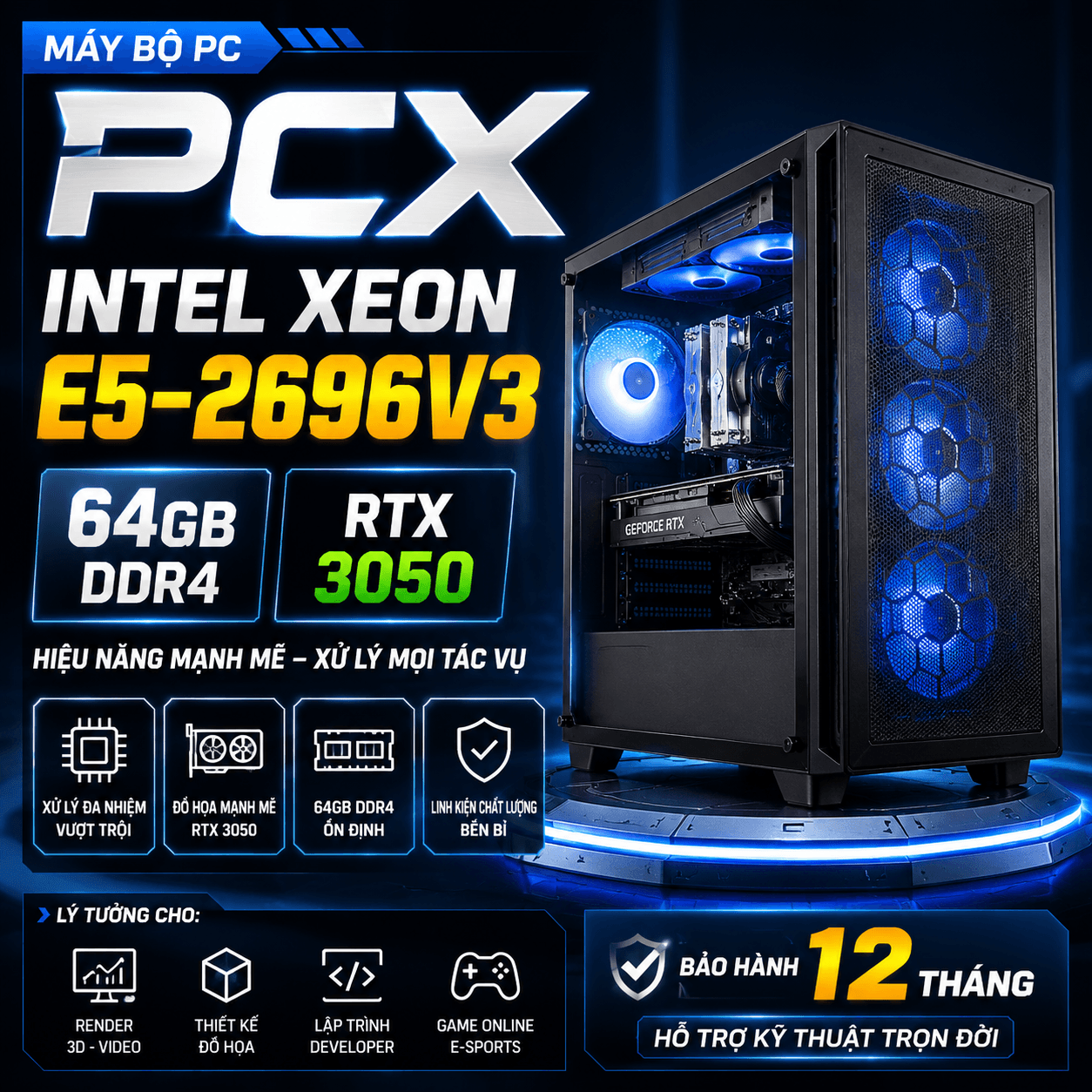 Bộ PC CPU Intel Xeon E5 2696v3 (2.3G | Mainboard Lenovo RD450X x99 du | Samsung 32GB DDR4 2133Mhz Ecc | Galax PG190 Black GF RTX 3050 | SSD ADATA LEGEND 710 512GB | AIGO AT750 – 750W 80 PLUS BRON | AVC 6 ống đồng 2 Fan | Thùng máy CASE MAGIC GE-01 (E-