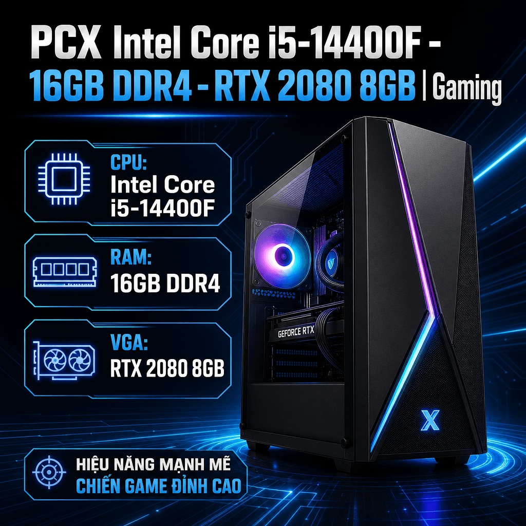 Bộ PC CPU Intel Core i5 14400F Tray | Mainboard Infinity B760M-PRO B | Desktop KINGBANK 16GB DDR4 320 | VGA GeForce RTX 2080 8GB HV BL | SSD Apacer AS2280P4 512GB | AIGO AT750 – 750W 80 PLUS BRON | khí Jonsbo CR 1400 | XIGMATEK GAMING X 3FX (EN46188