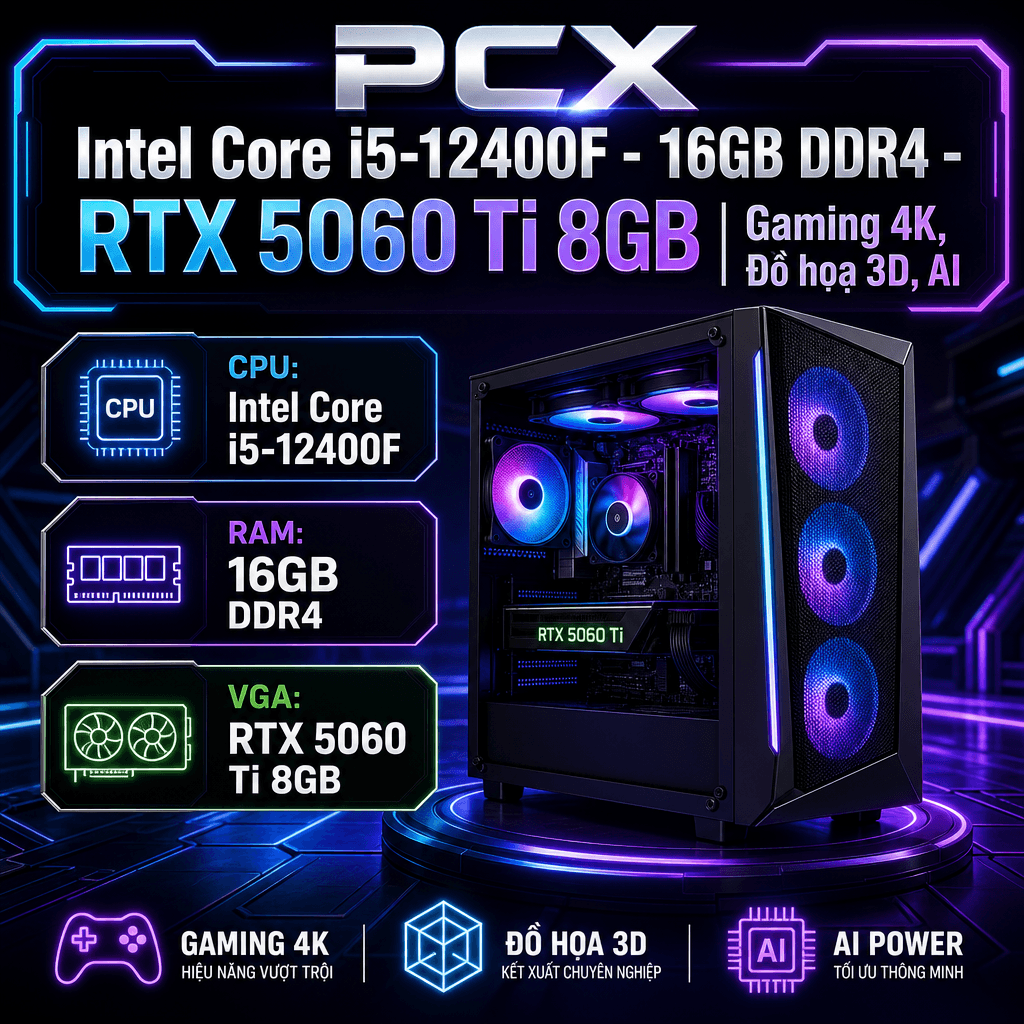 PCX Intel Core i5-12400F - 16GB DDR4 - RTX 5060 Ti 8GB | Gaming 4K, Đồ họa 3D, AI