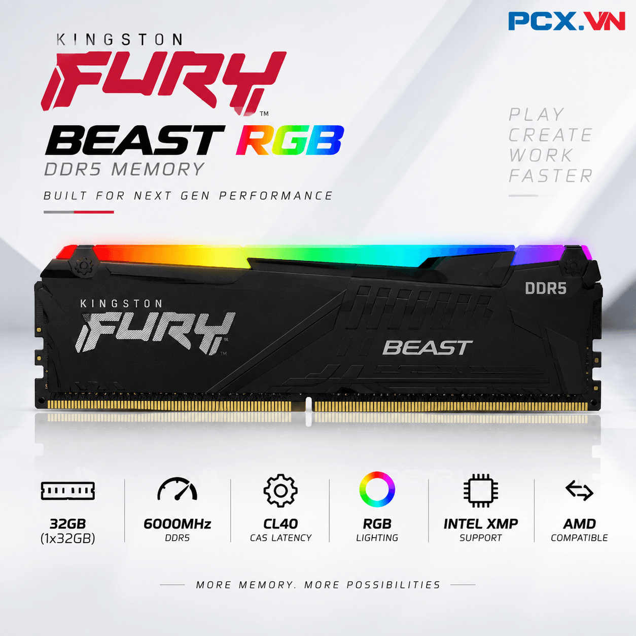 RAM PC Kingston Fury Beast 32GB RGB DDR5 Black | (1x32GB), 6000MHz, Intel/AMD KF560C40BBA-32